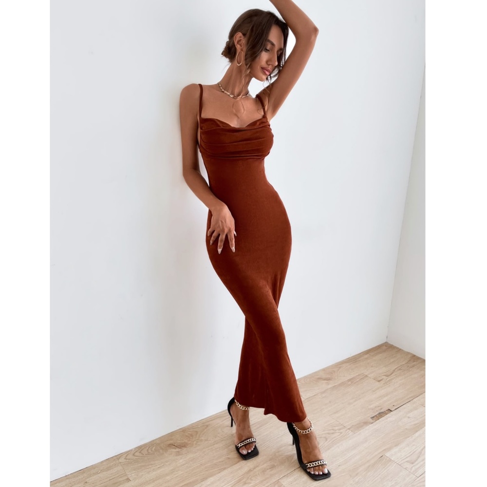 Backless Rust Brown Cowl Neck Long Slim Dress - Picture 2 of 11